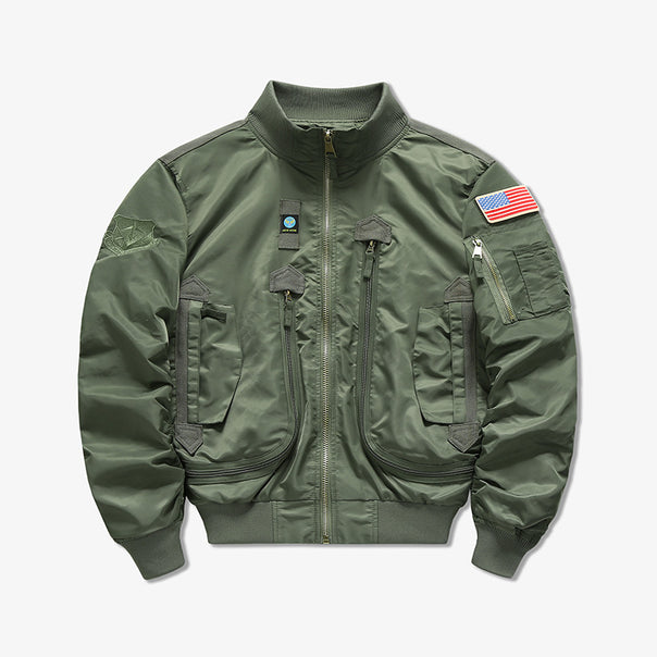 Men's  tactical flight bomber jacket with multiple angled zip and flap pockets Mune Fashion