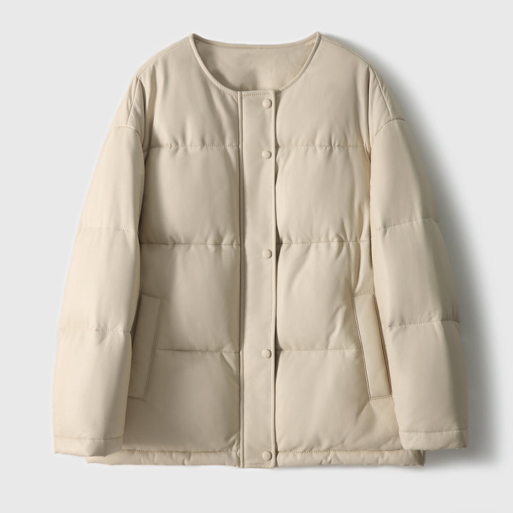 Women short cut padded faux leather jacket with round hem and snap-button placket Mune Fashion