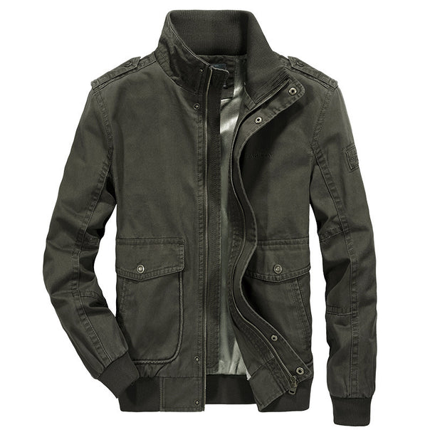 Men's robust canvas field bomber jacket with stand-up collar, shoulder flaps, and multiple pockets Mune Fashion