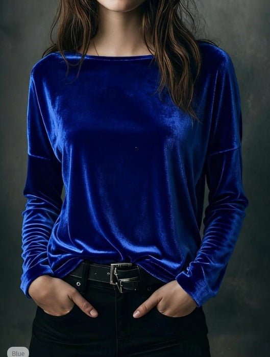 Women's fine velour long-sleeve shirt with boat neckline and boxy silhouette Mune Fashion