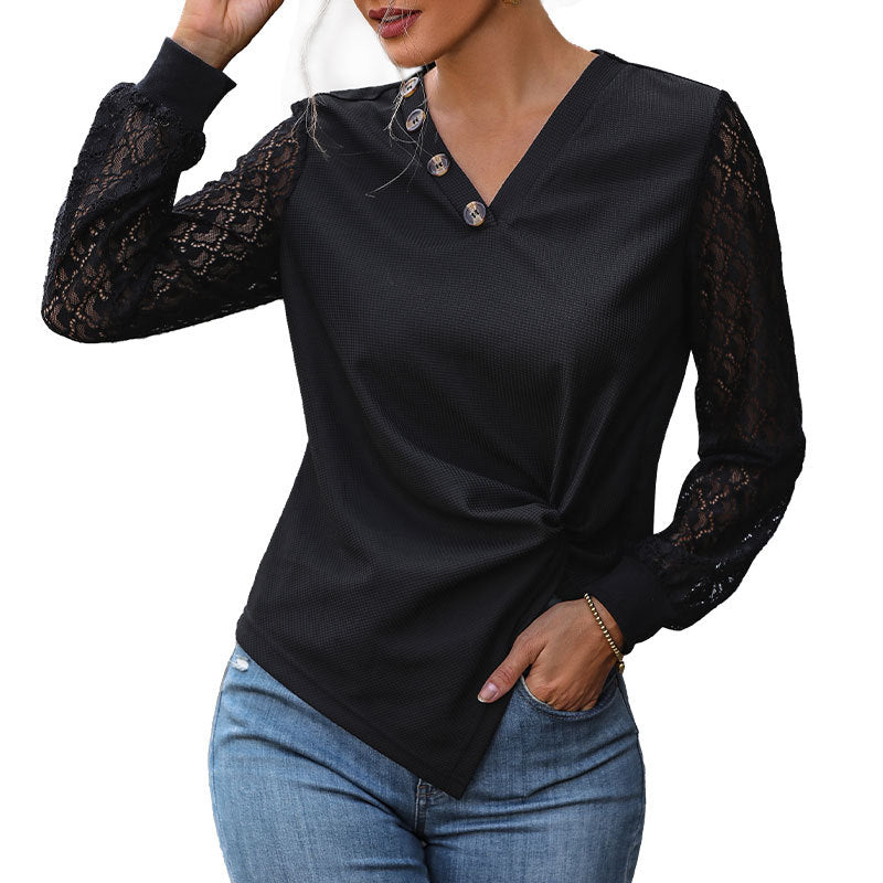 Women’s V-Neck Blouse Shirt with Lace Sleeves, Asymmetrical Button Placket and Knot Front Mune Fashion