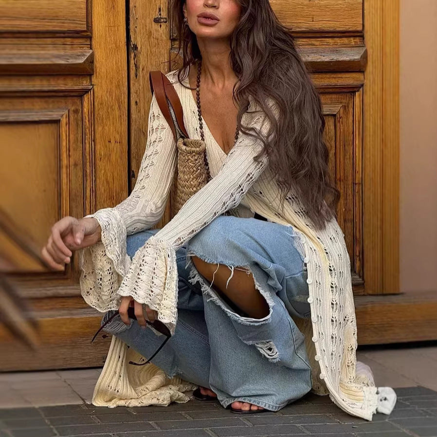 Women Long Crochet Knit Cardigan with Bell Sleeves and Open Front Drune