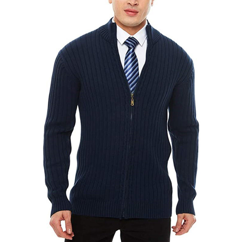Men's fine-knit cardigan with full-length zipper, stand-up collar, and distinctive ribbed texture Mune Fashion