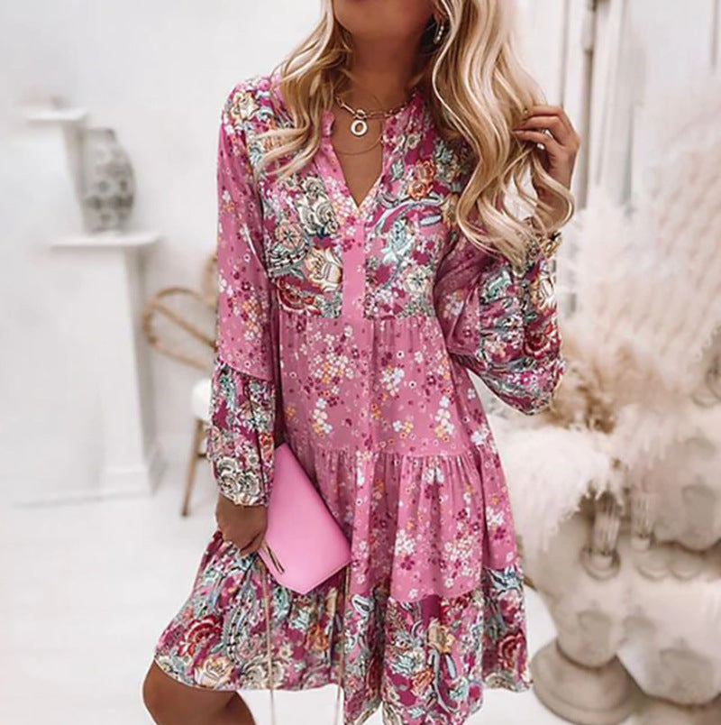 Ladies' light babydoll tiered dress with V-neck, gathered yoke and elastic cuffs Mune Fashion