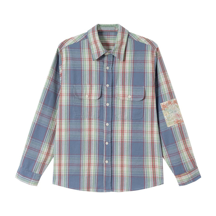 Unisex check shirt jacket in oversized cut with flap pockets and sleeve patch Mune Fashion