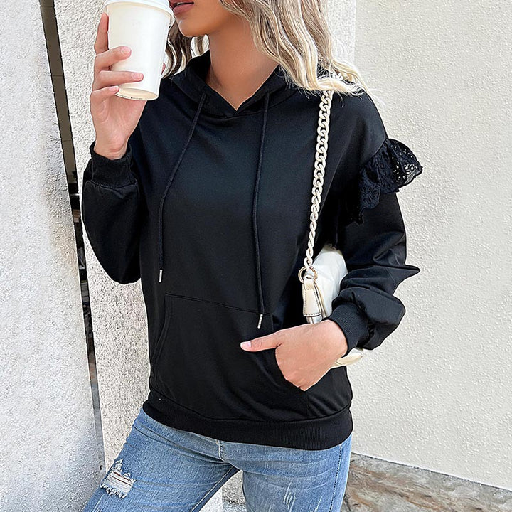 Women's hooded sweater with lace ruffle, kangaroo pocket & ribbed cuffs Mune Fashion