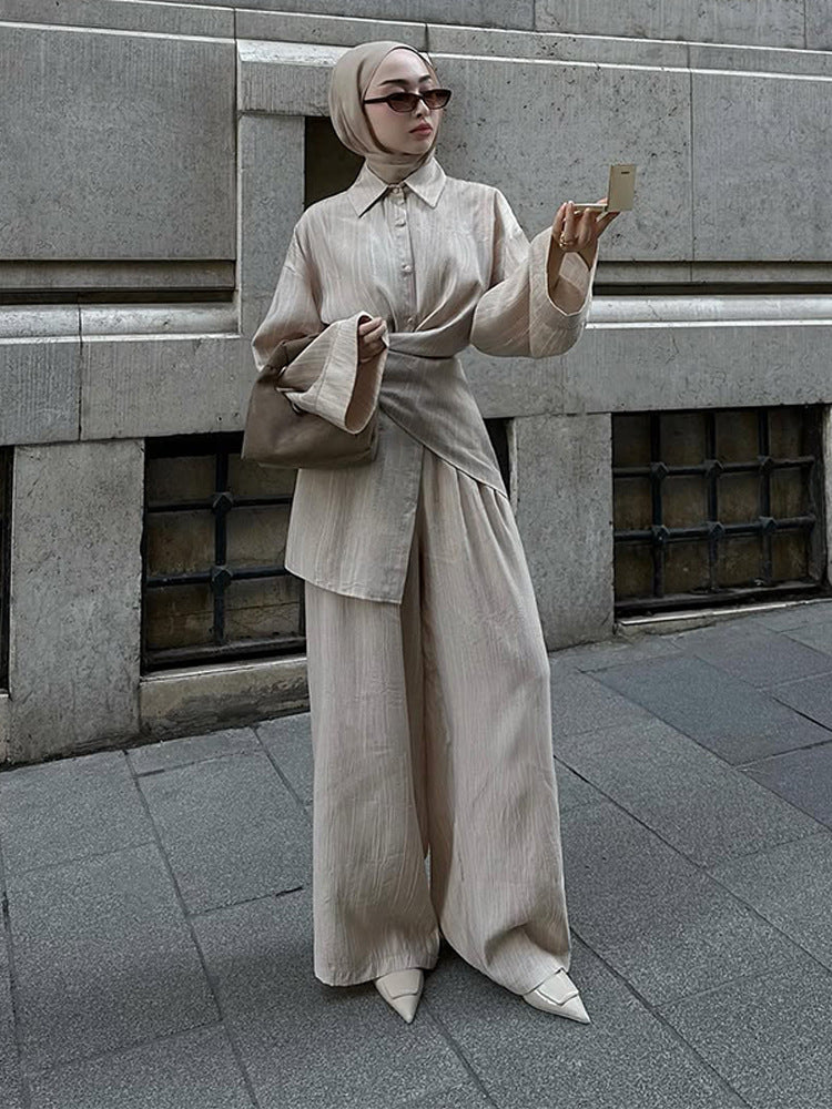 Women's casual tunic set with wrap belt and wide palazzo pants Mune Fashion