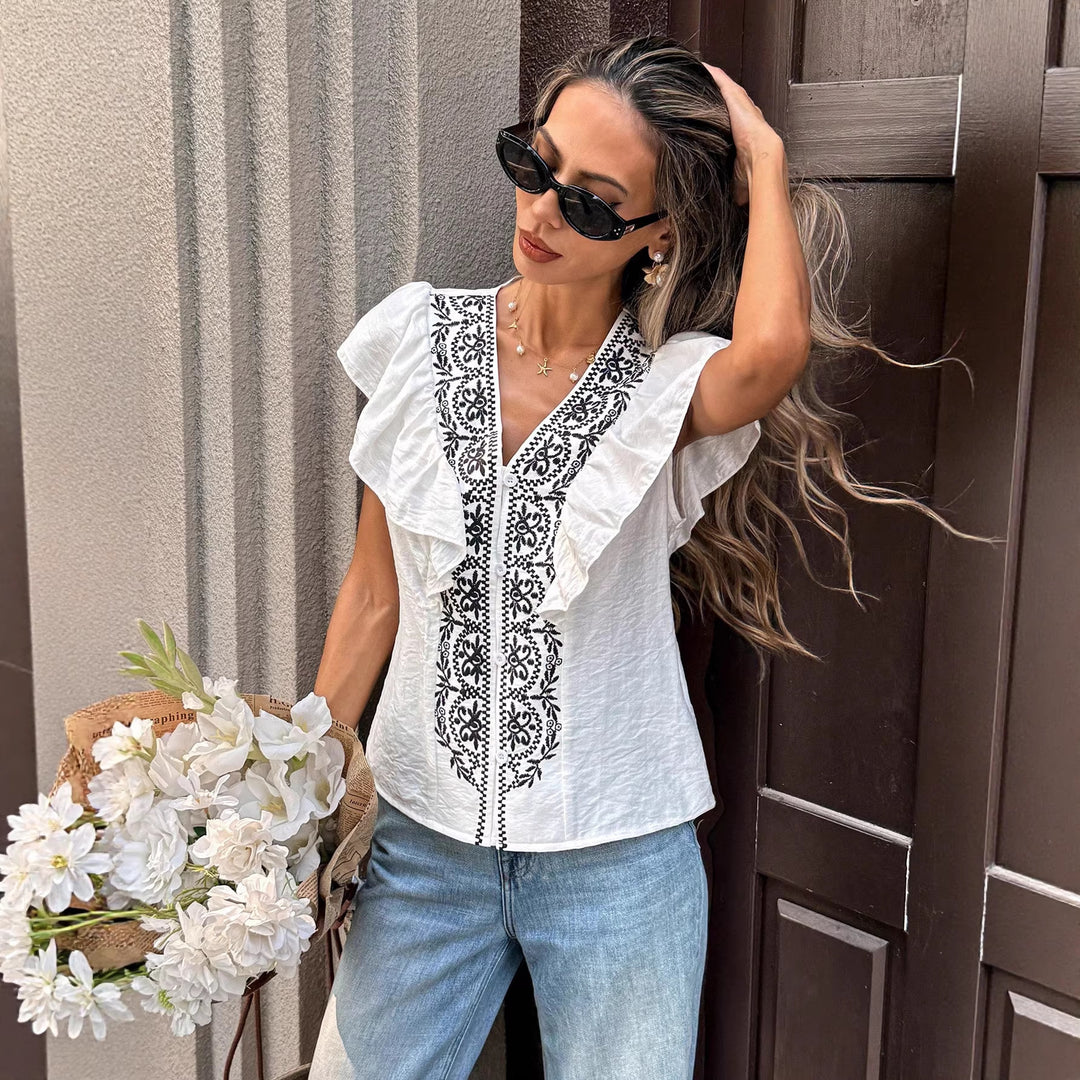 Ladies Embroidered Blouse with V-Neck, Button Placket and Ruffle Sleeves Mune Fashion