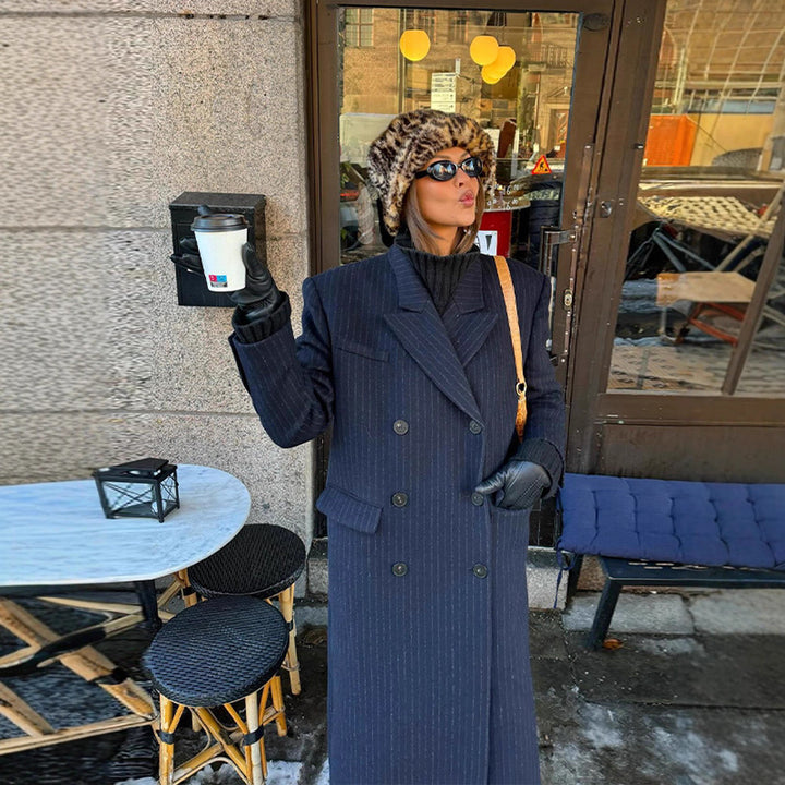 Women's Maximum Oversized Coat in Pinstripe Look with Double-Breasted Button Placket and Long Silhouette Mune Fashion