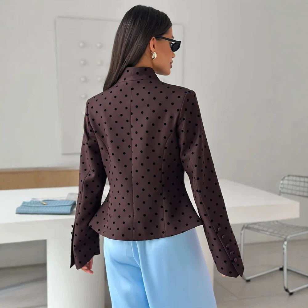 Women's Tailored Stand Collar Blazer with Polka Dot Pattern and Concealed Button Placket Mune Fashion