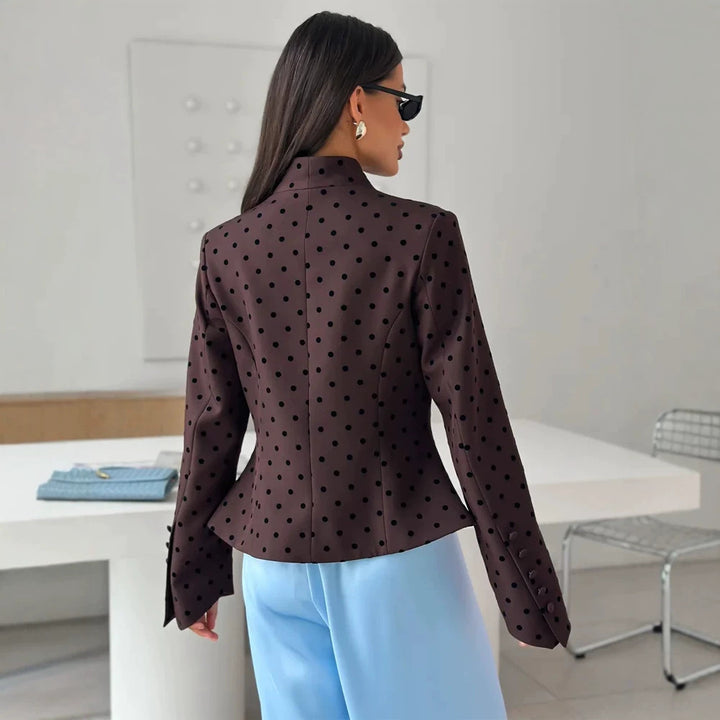 Women's Tailored Stand Collar Blazer with Polka Dot Pattern and Concealed Button Placket Mune Fashion