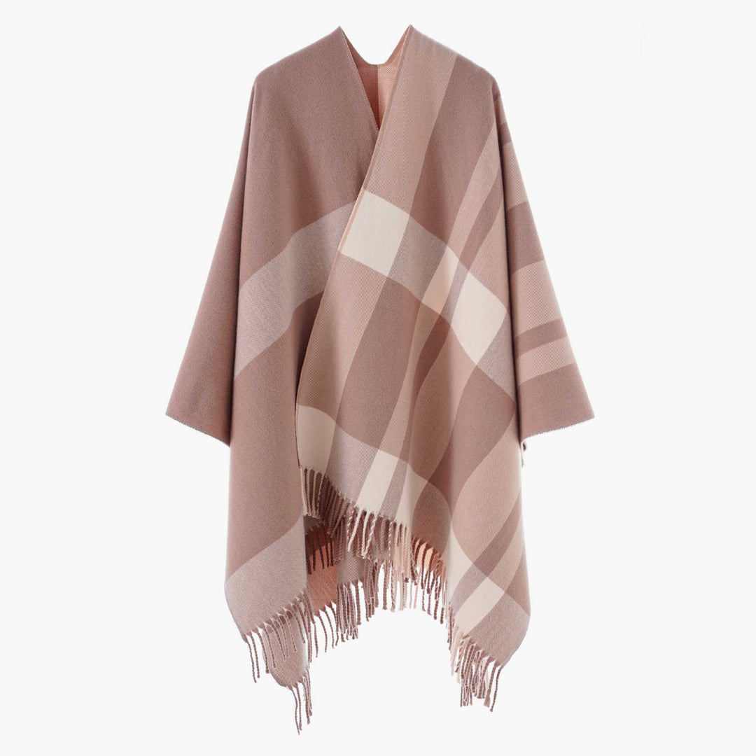 Women's Oversized Cape with Glencheck Pattern and Fringe Trim Mune Fashion