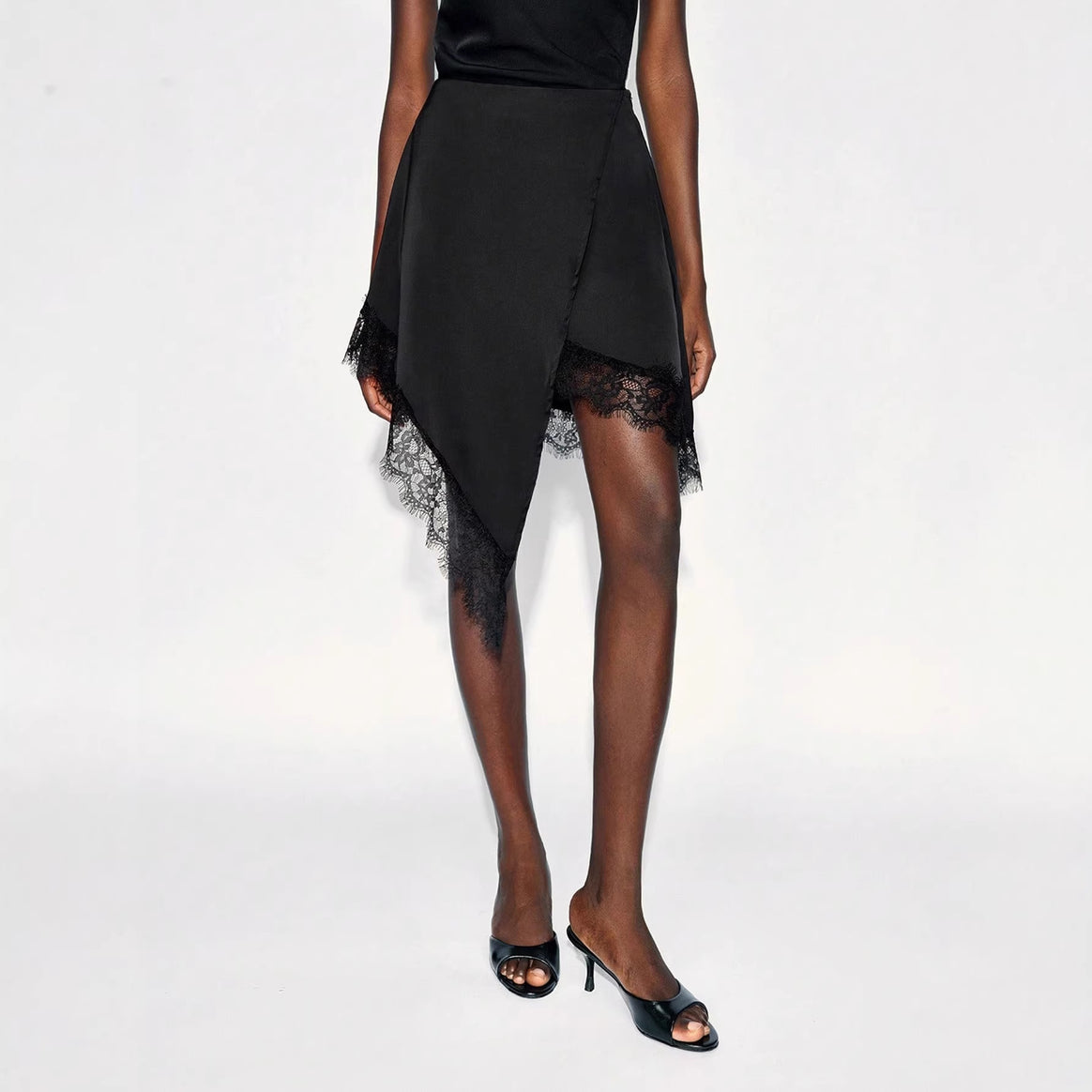 Women’s nan asymmetrical wrap skirt with lace trim and satin-like drape Mune Fashion