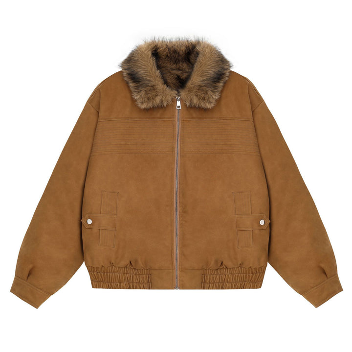 Women's Cropped Bomber Jacket with Faux Fur Collar, Zipper and Elastic Hem Mune Fashion