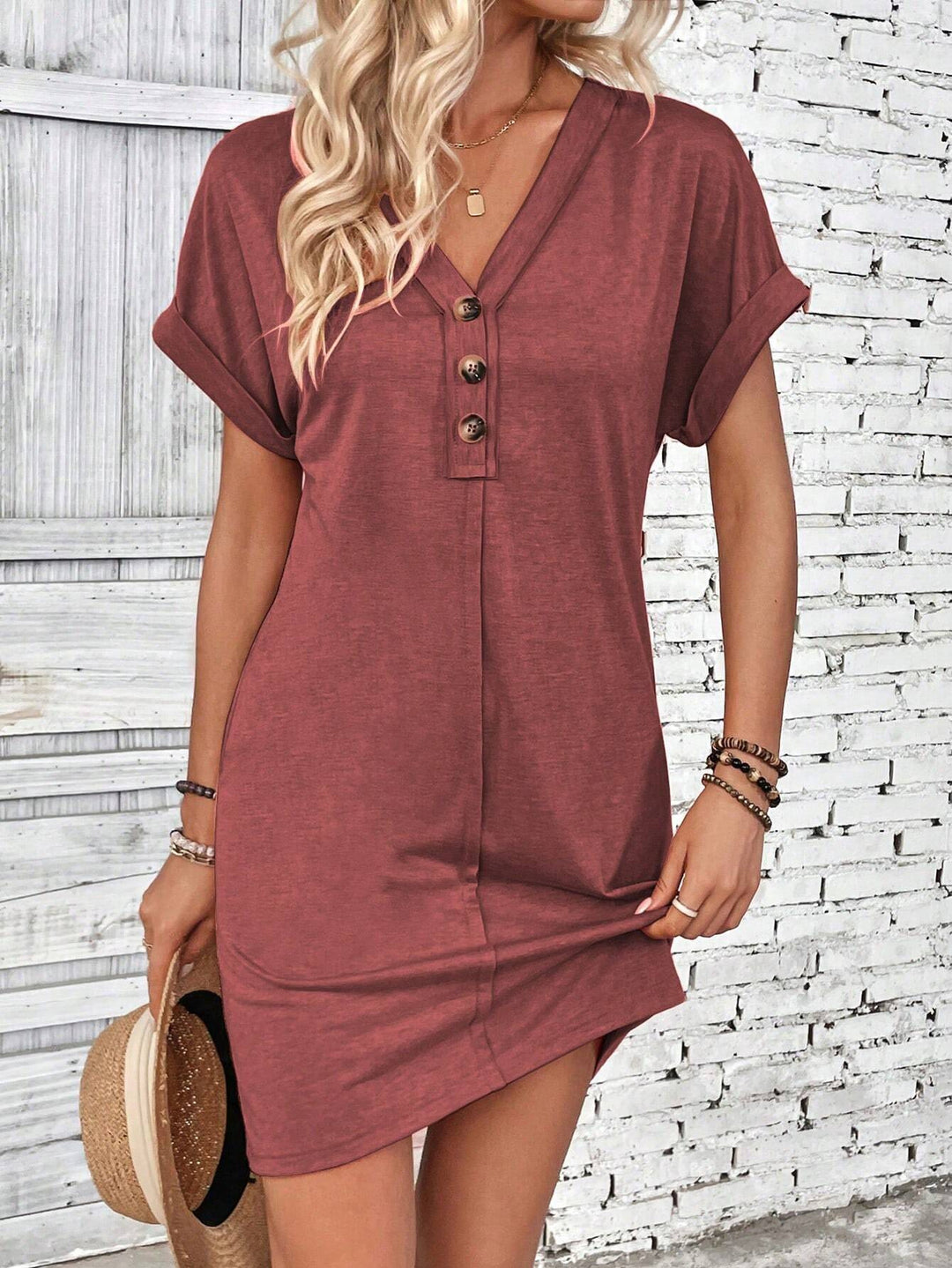 Ladies Loose V-Neck Casual Dress with Decorative Button Placket Mune Fashion