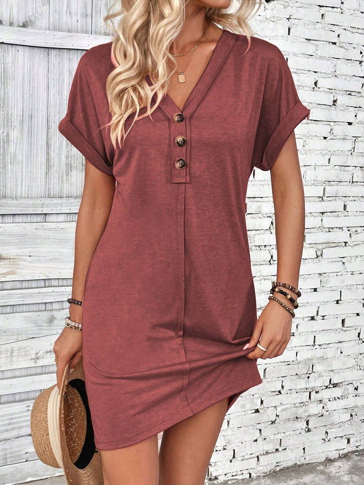 Ladies Loose V-Neck Casual Dress with Decorative Button Placket Mune Fashion