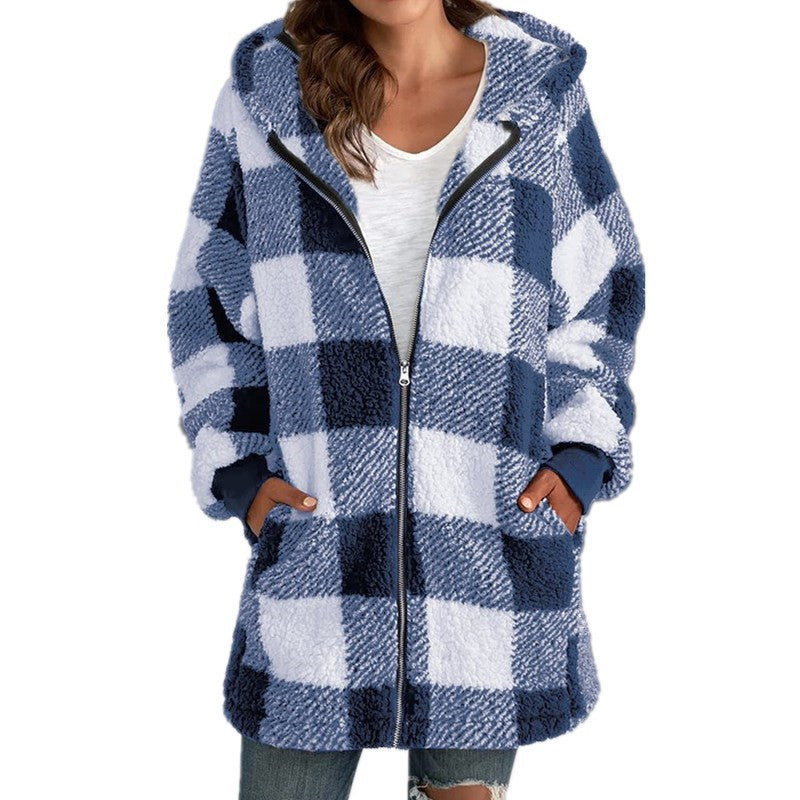 Women's Checked Teddy Fleece Coat with Hood and Zipper Mune Fashion