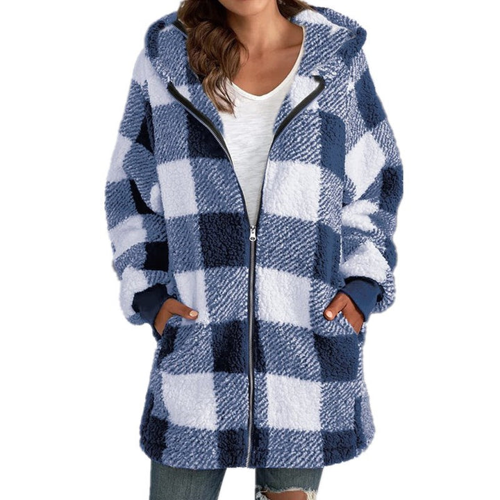 Women's Checked Teddy Fleece Coat with Hood and Zipper Mune Fashion