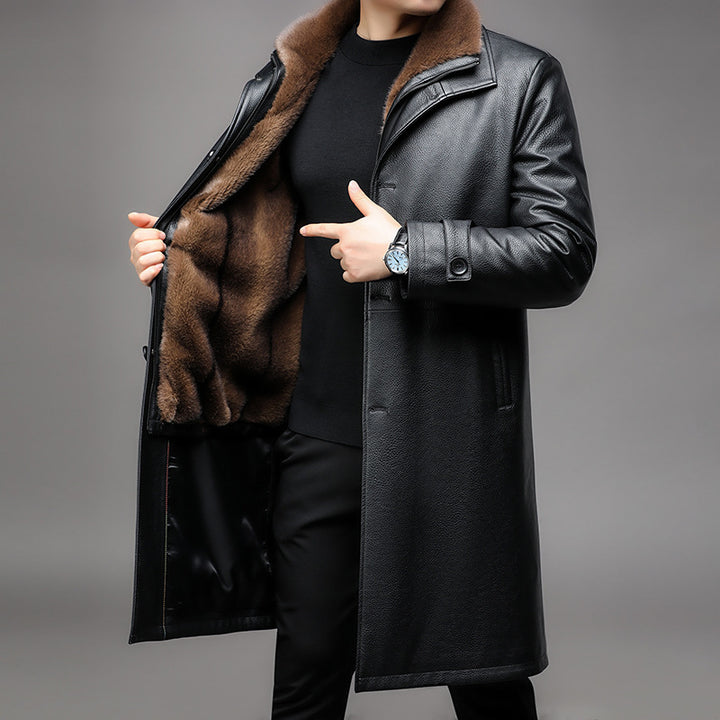Men's Long Leather Coat with Removable Fur Collar and Thermal Lining Mune Fashion