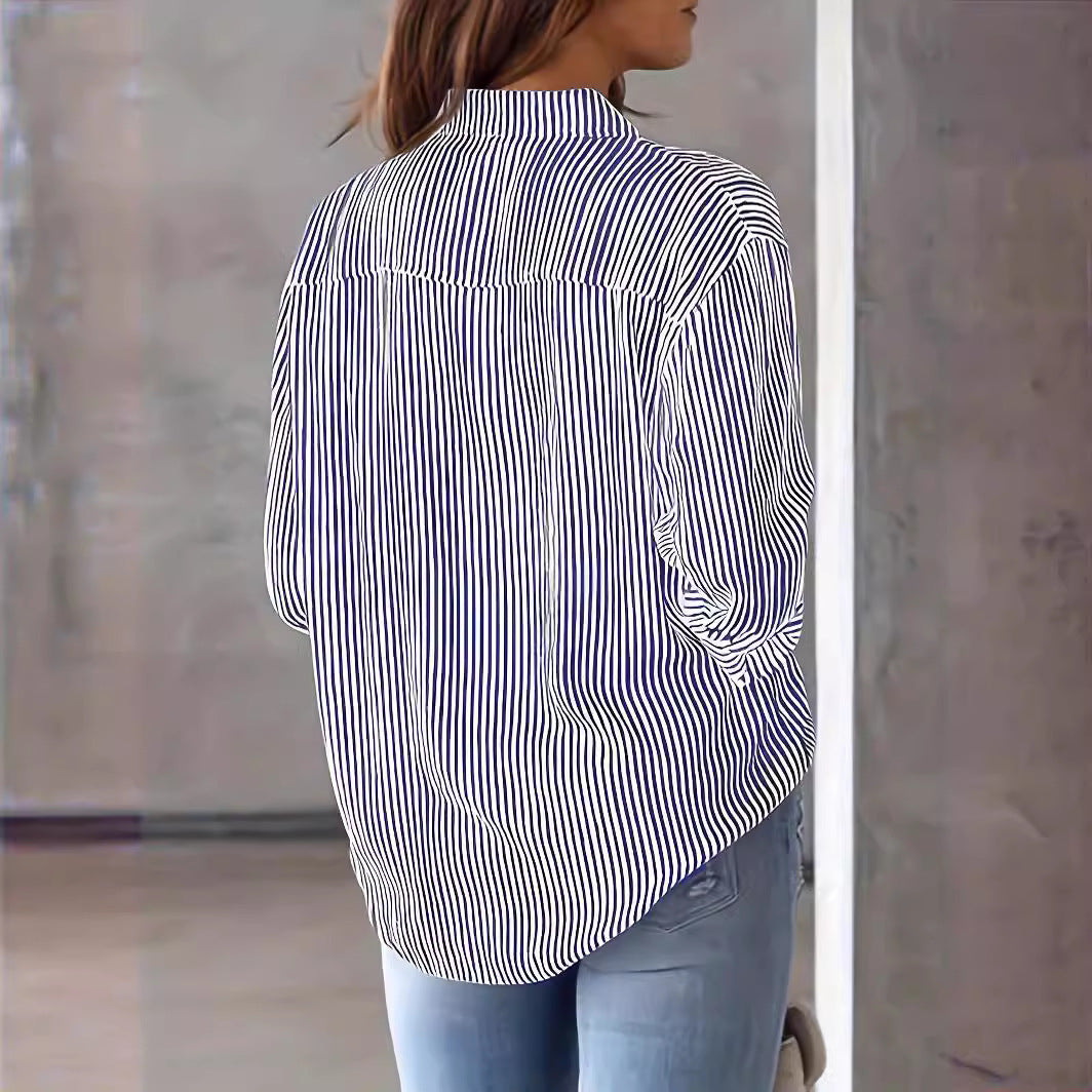 Women's Lightweight Oversized Shirt Blouse with Vertical Stripes, Kent Collar and Three-Quarter Sleeves Mune Fashion