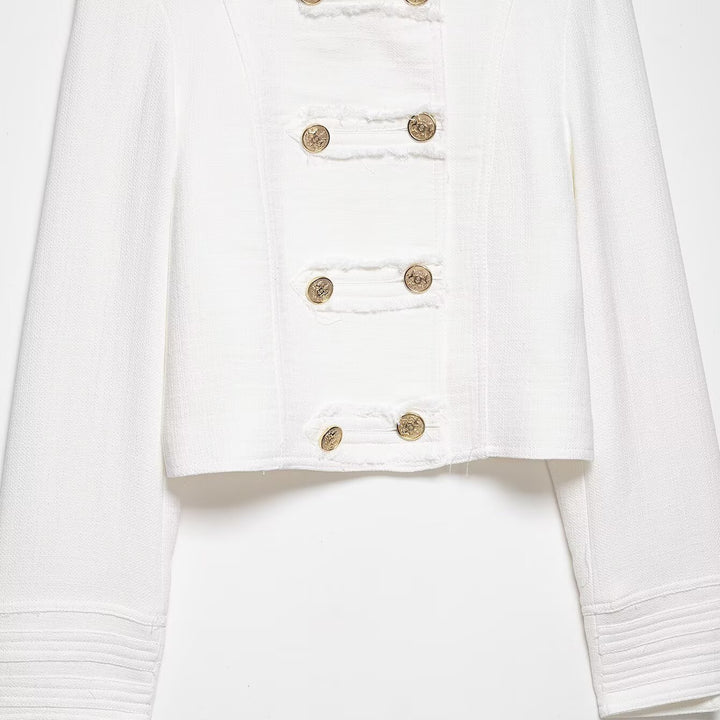 Ladies short jacket in military style made of bouclé with stand-up collar and decorative button placket Mune Fashion
