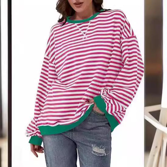 Women Striped Oversized Sweater with Contrast Cuffs Mune Fashion