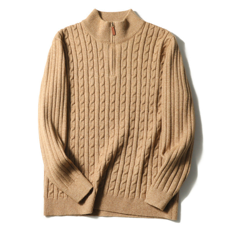 Men's fine knit pullover with cable pattern and half zip stand-up collar Mune Fashion