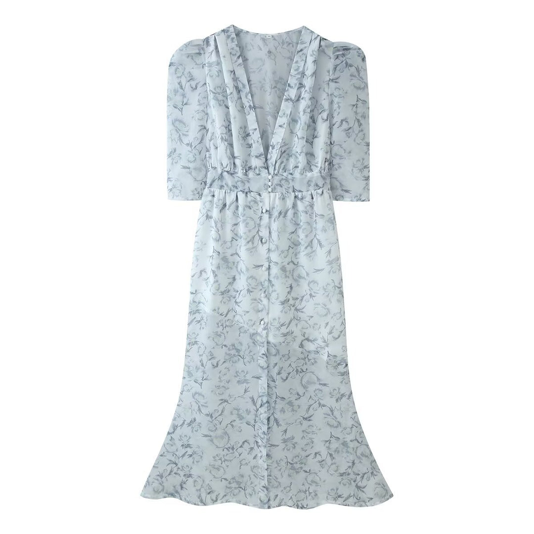 Women Chiffon Midi Dress with Floral Allover Look, V-Neck and Gathered Waist Mune Fashion