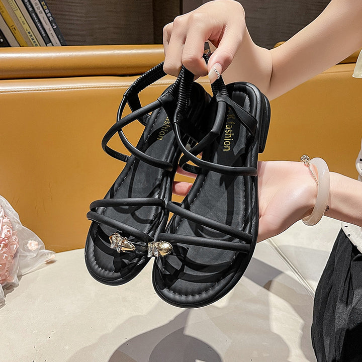 Women's Flat Strappy Sandals with Toe Post, Elastic Heel Strap, and Decorative Application Mune Fashion