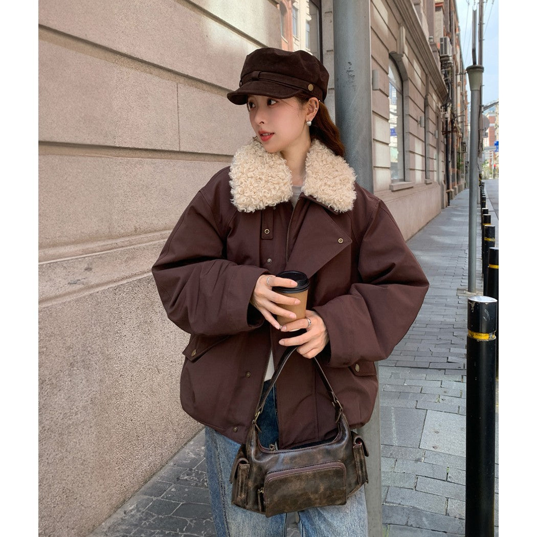 Women's Oversize Short Jacket with Teddy Collar and Flap Pockets Mune Fashion