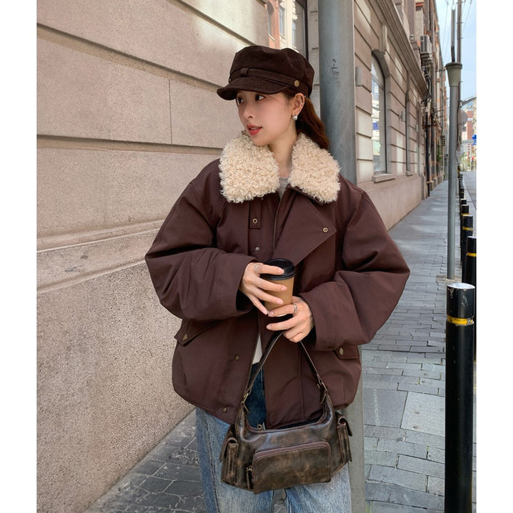 Women's Oversize Short Jacket with Teddy Collar and Flap Pockets Mune Fashion