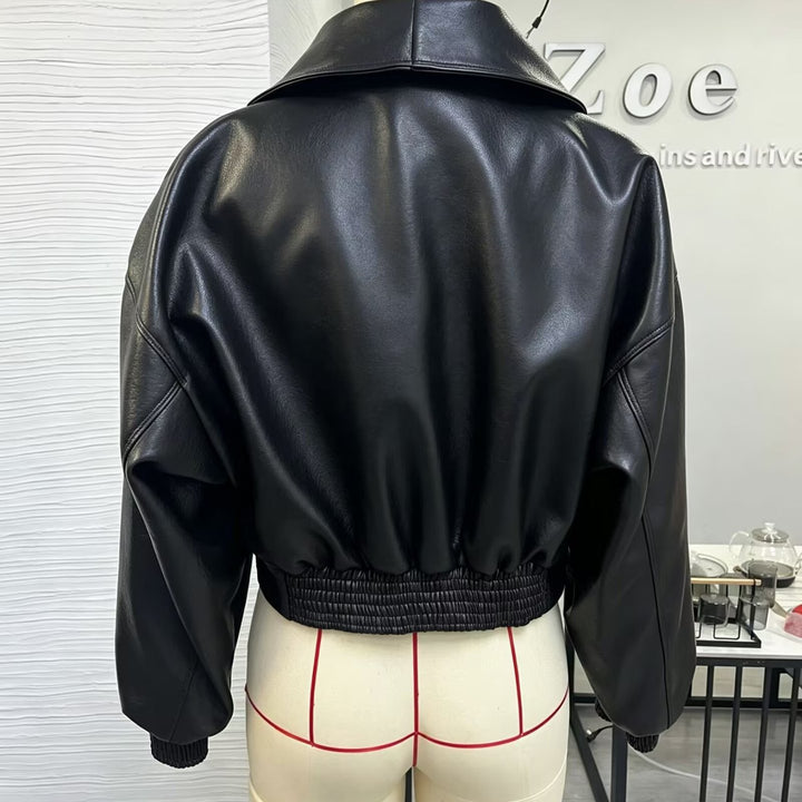 Women Faux Leather Bomber Jacket with High Stand Collar, Asymmetrical Closure and Elastic Hem Mune Fashion
