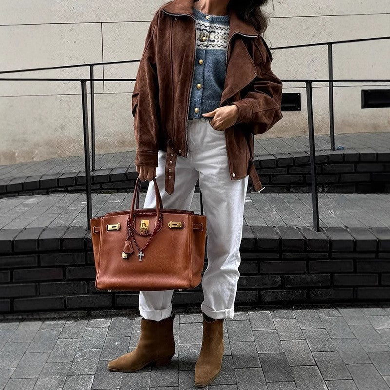 Women's Oversized Suede Blouson with Asymmetrical Zipper and Waistbelt Mune Fashion