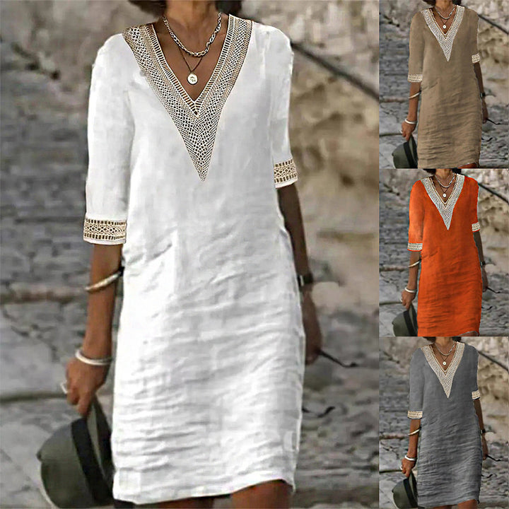 Women's Lightweight Linen Midi Dress with V-Neck and Crochet Lace Trim Mune Fashion