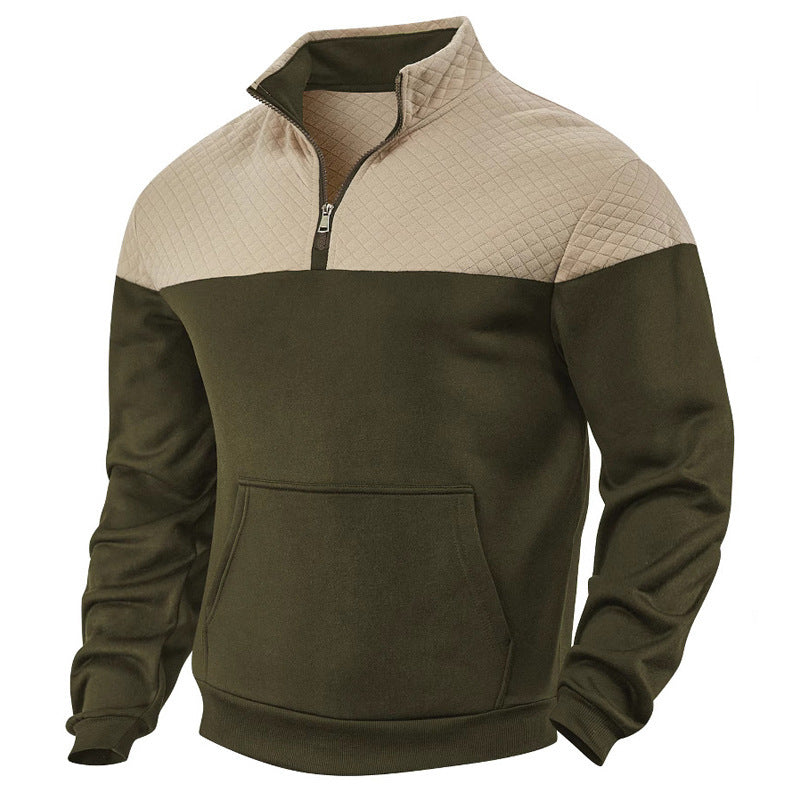 Men's quilted shoulder yoke half-zip sweater with kangaroo pocket and stand collar Mune Fashion