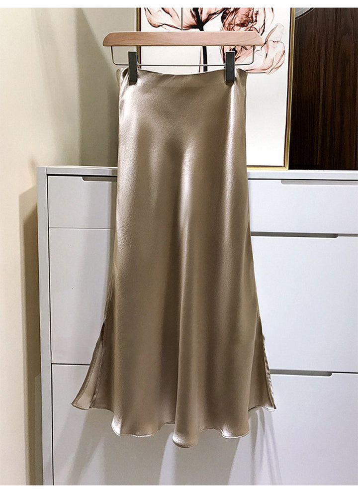 Ladies Elegant Satin Skirt with Asymmetric Slit Mune Fashion