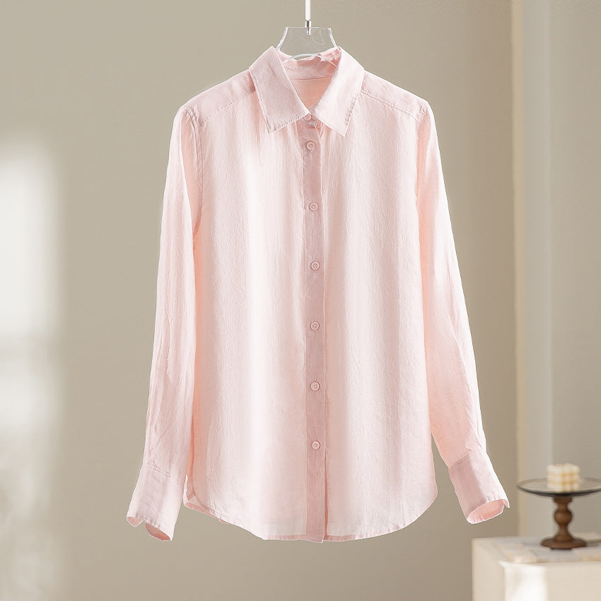 Women Lightweight Oversized Linen Blouse Shirt with Classic Collar and Continuous Button Placket Mune Fashion