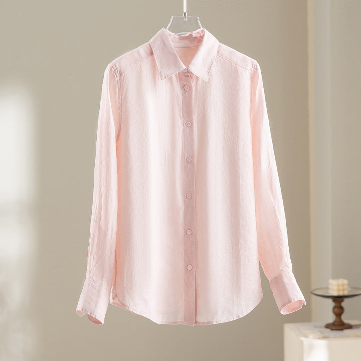 Women Lightweight Oversized Linen Blouse Shirt with Classic Collar and Continuous Button Placket Mune Fashion