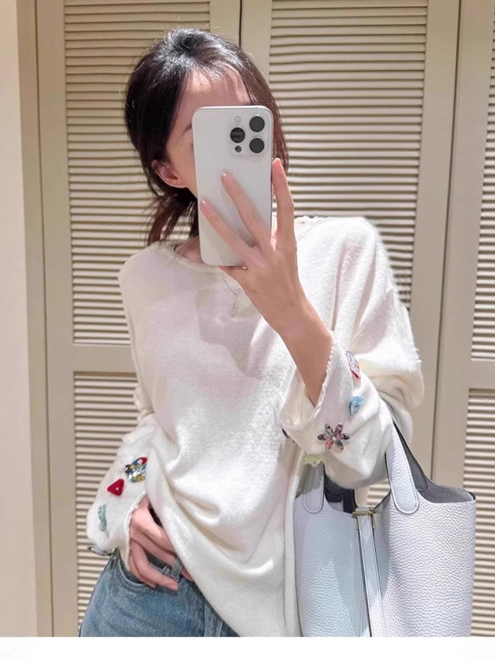 Women's Oversized Fine Knit Sweater with Jewelry-Embellished Sleeve Cuffs Mune Fashion