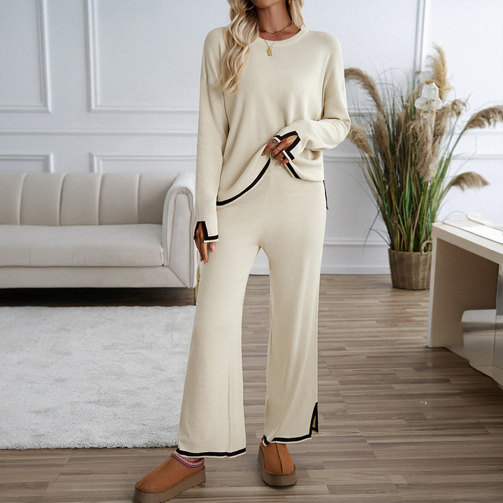 Women's relaxed lounge set with soft round neckline, contrasting piping, and wide palazzo pants Mune Fashion