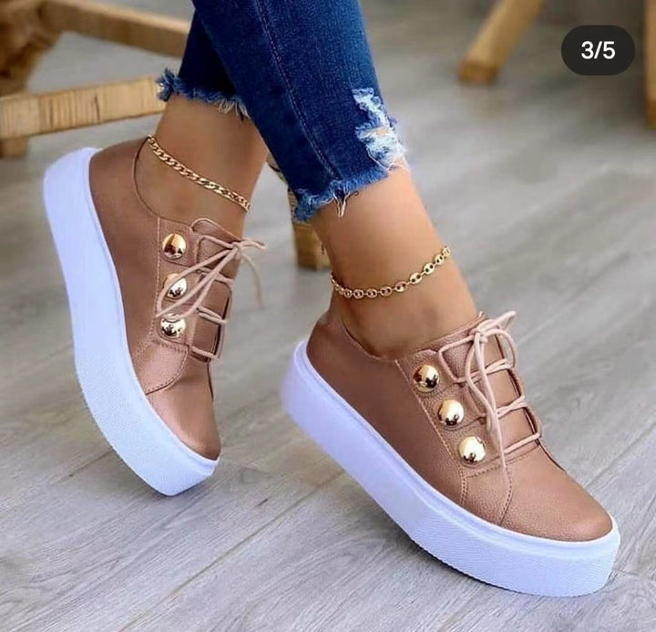 Women's Platform Sneakers with Decorative Metal Buttons and Thick Comfort Sole Mune Fashion