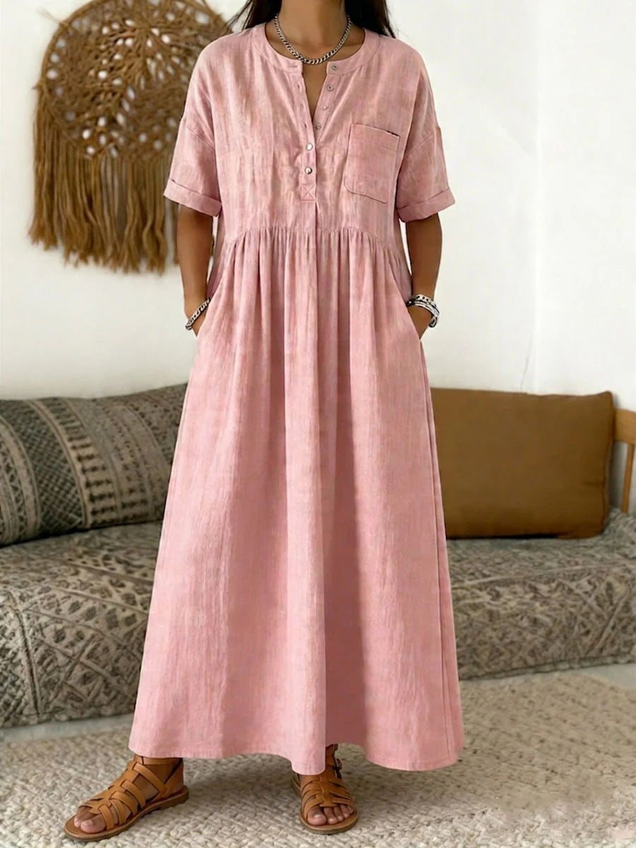 Women's Long Boho Maxi Dress with Henley Button Placket, Chest Pocket and Side Pockets Mune Fashion