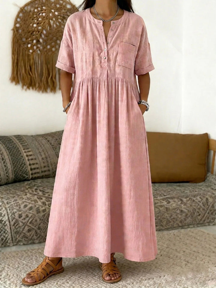 Women's Long Boho Maxi Dress with Henley Button Placket, Chest Pocket and Side Pockets Mune Fashion
