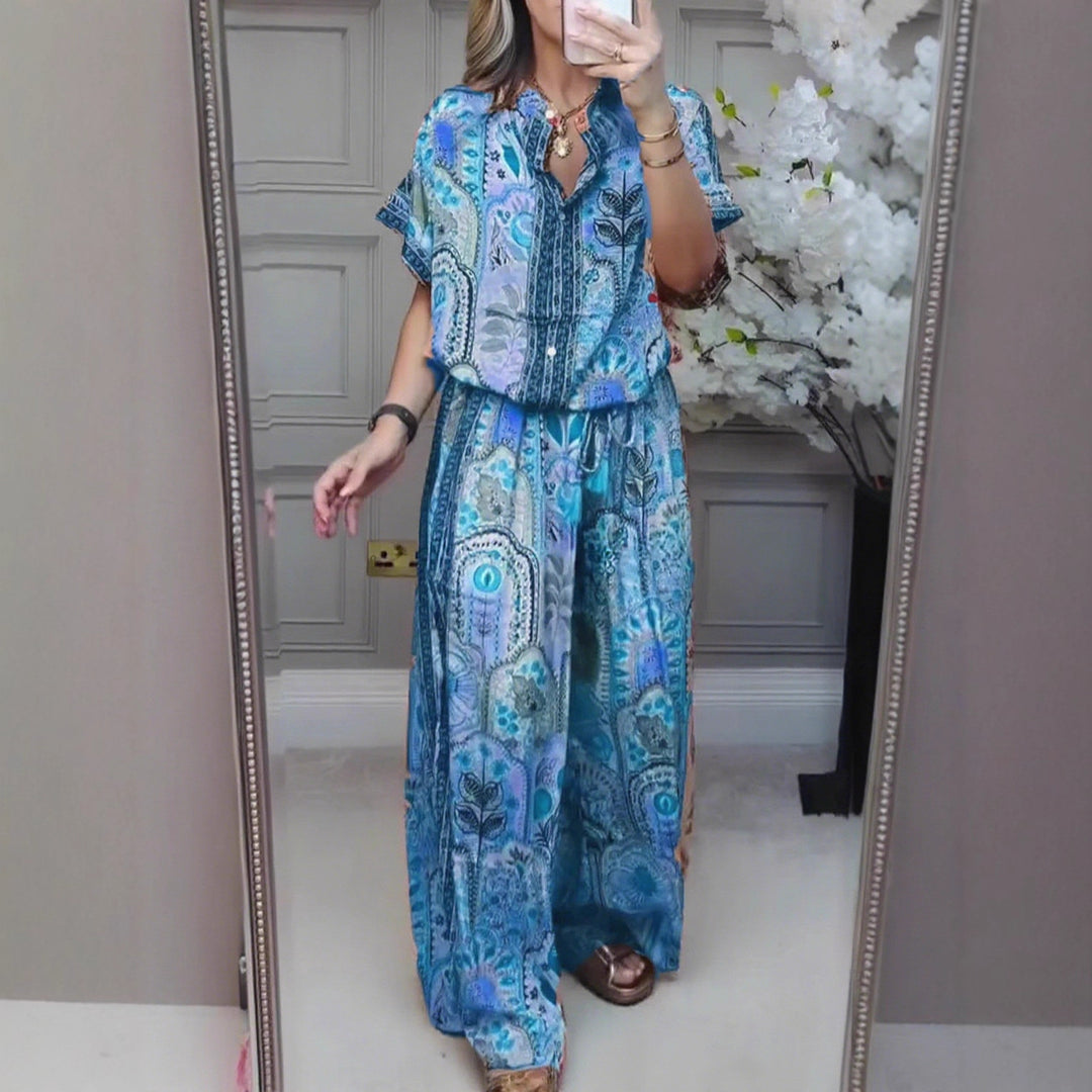 Women's Boho two-piece made of lightweight viscose with short-sleeve blouse, button placket, drawstring waistband, and wide palazzo pants Mune Fashion