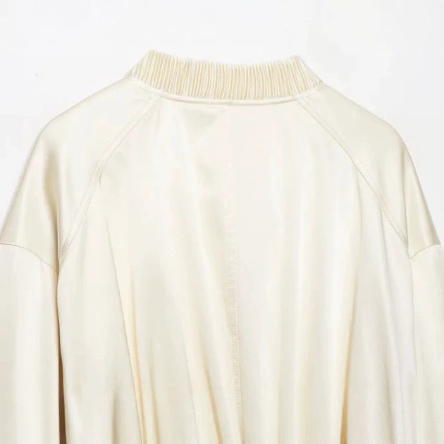 Women Lightweight Cropped Bomber Jacket in Satin Look with Ribbed Cuffs and Drop Shoulder Mune Fashion