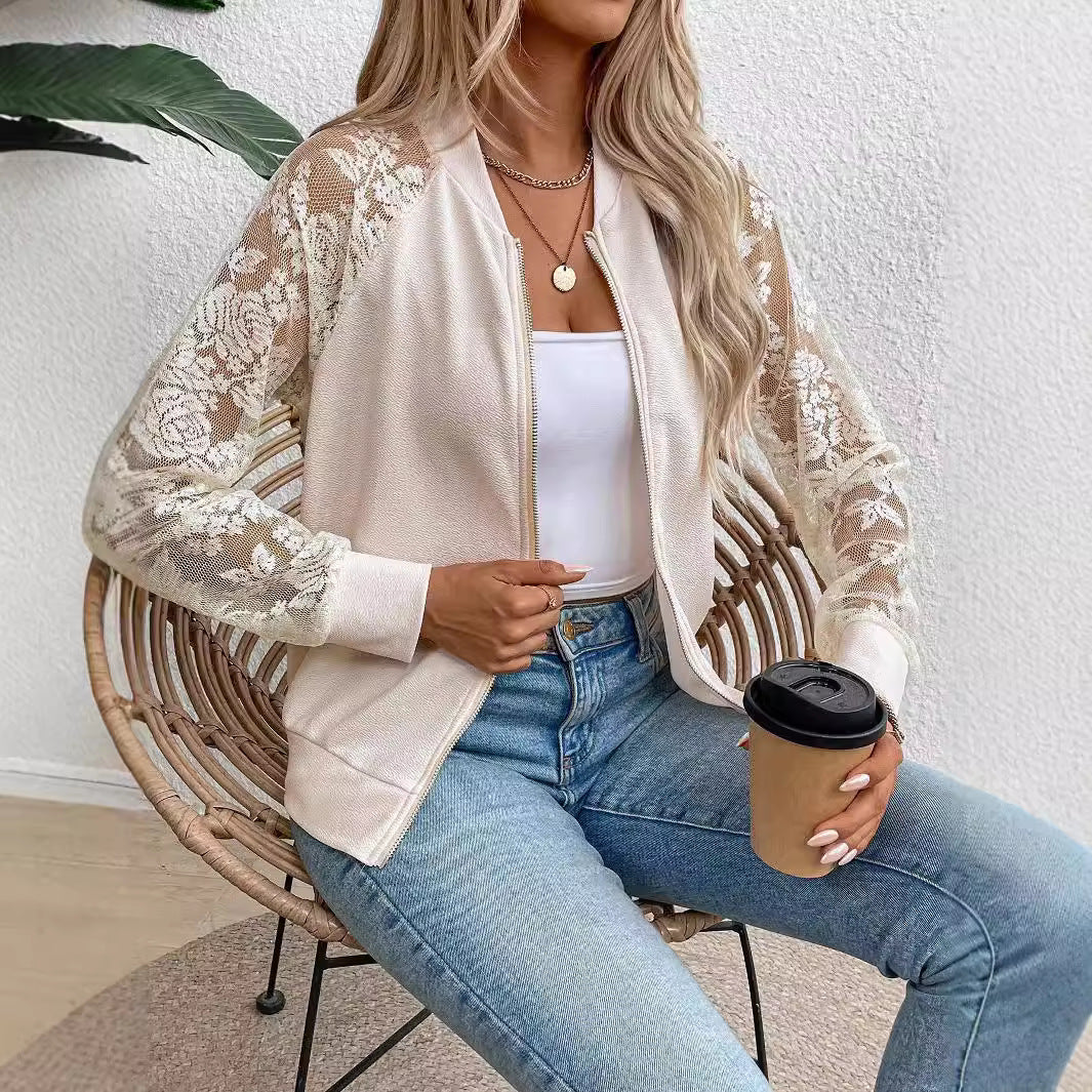 Women's lightweight bomber jacket with floral lace sleeves and zipper Mune Fashion