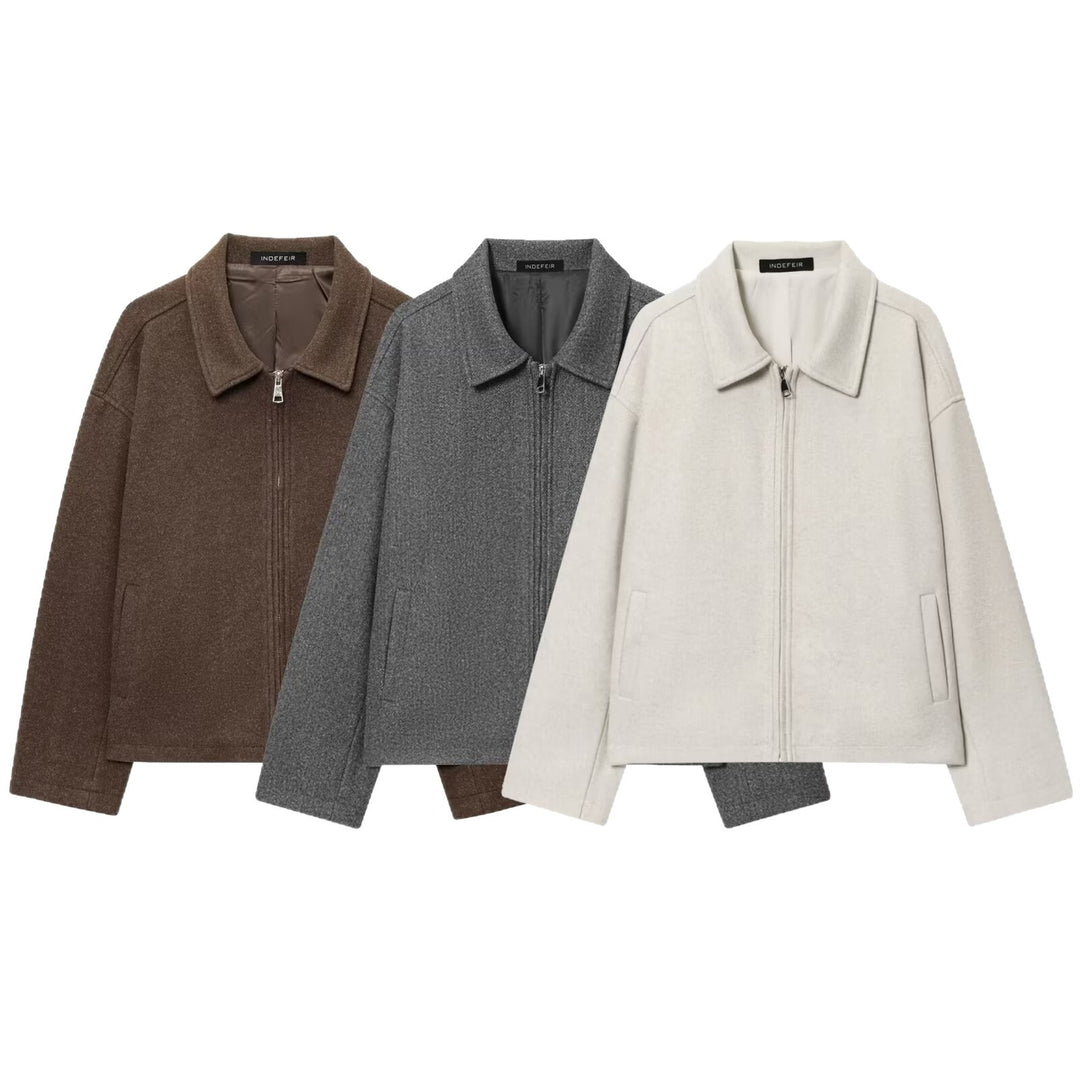 Women Boxy Wool Blend Blouson Jacket with Zipper and Shirt Collar Mune Fashion