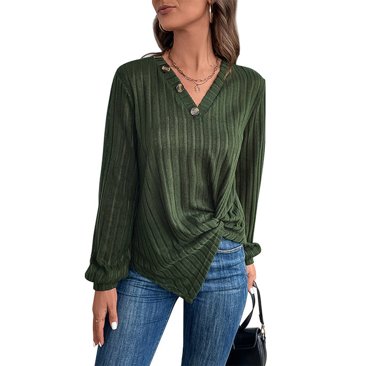 Women Ribbed V-Neck Long Sleeve Shirt with Twist Knot and Decorative Buttons Mune Fashion