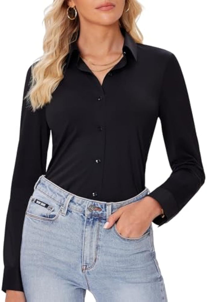 Women's Classic Viscose-Stretch Shirt Blouse with Kent Collar and Cuffs Drune