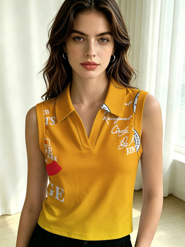 Women's sleeveless polo shirt crop top with V-neck, classic collar, and patriotic print Mune Fashion
